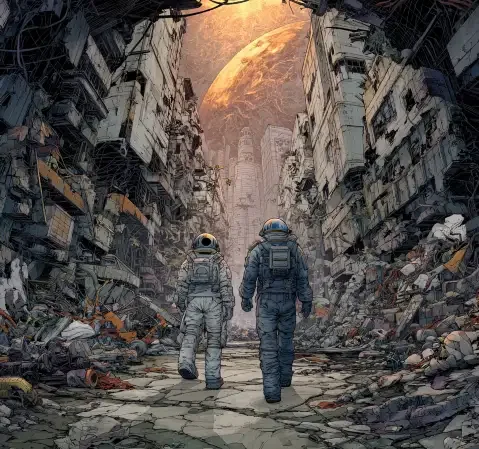 《星海征途》封面：少年驾驶机甲在星空下前行